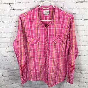 Ariat Pink, white, yellow Plaid Western Embroidered Pearl Snap Fitted XXL EUC